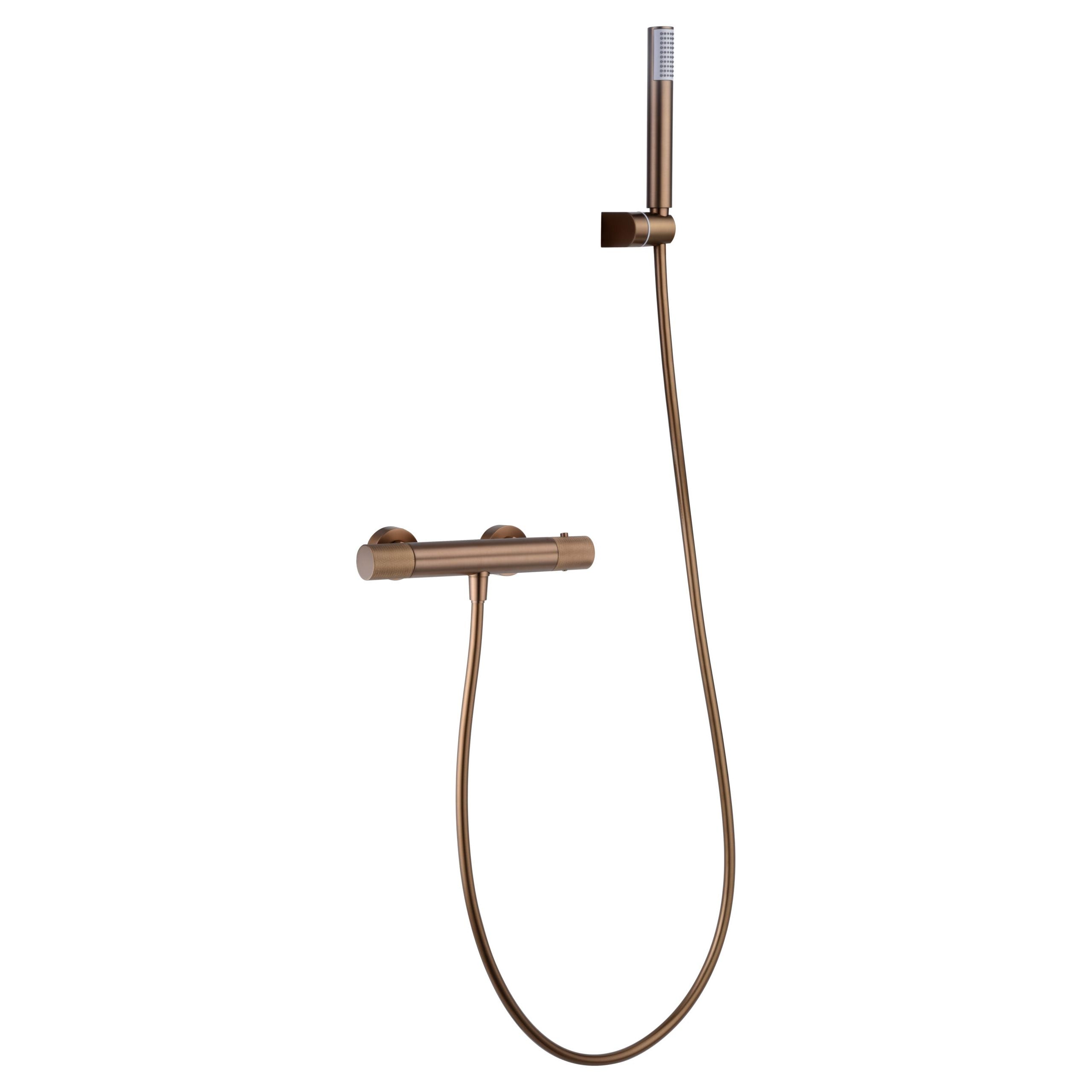 IMEX Miscelatore vasca-doccia termostatico in ottone e zama con finitura PVD oro rosa spazzolato, maniglia tonda in ottone, tubo flessibile PVC, supporto ABS, portata 12 l/min, cartuccia TURN CLEAN SY