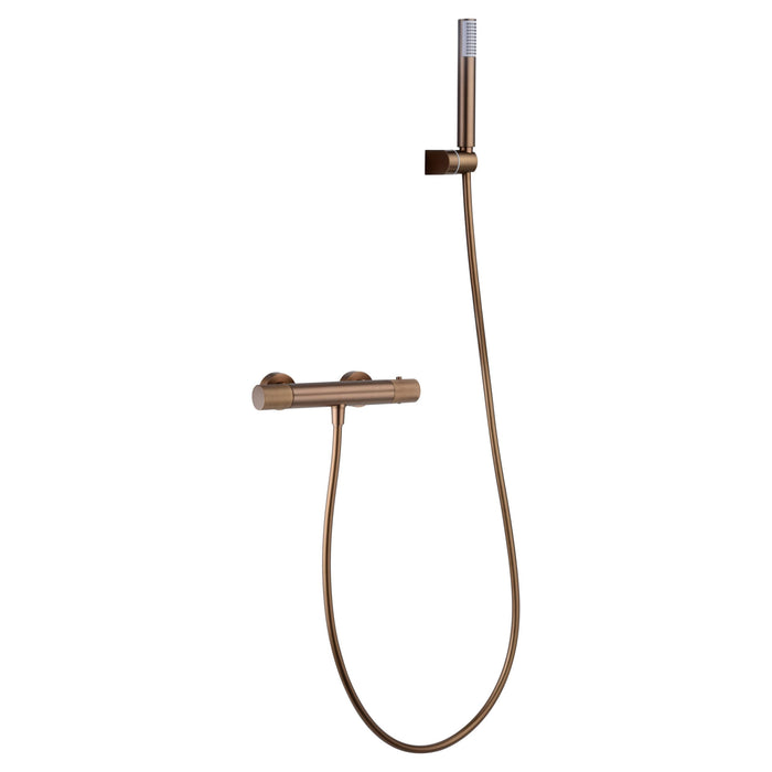 IMEX Miscelatore vasca-doccia termostatico in ottone e zama con finitura PVD oro rosa spazzolato, maniglia tonda in ottone, tubo flessibile PVC, supporto ABS, portata 12 l/min, cartuccia TURN CLEAN SY
