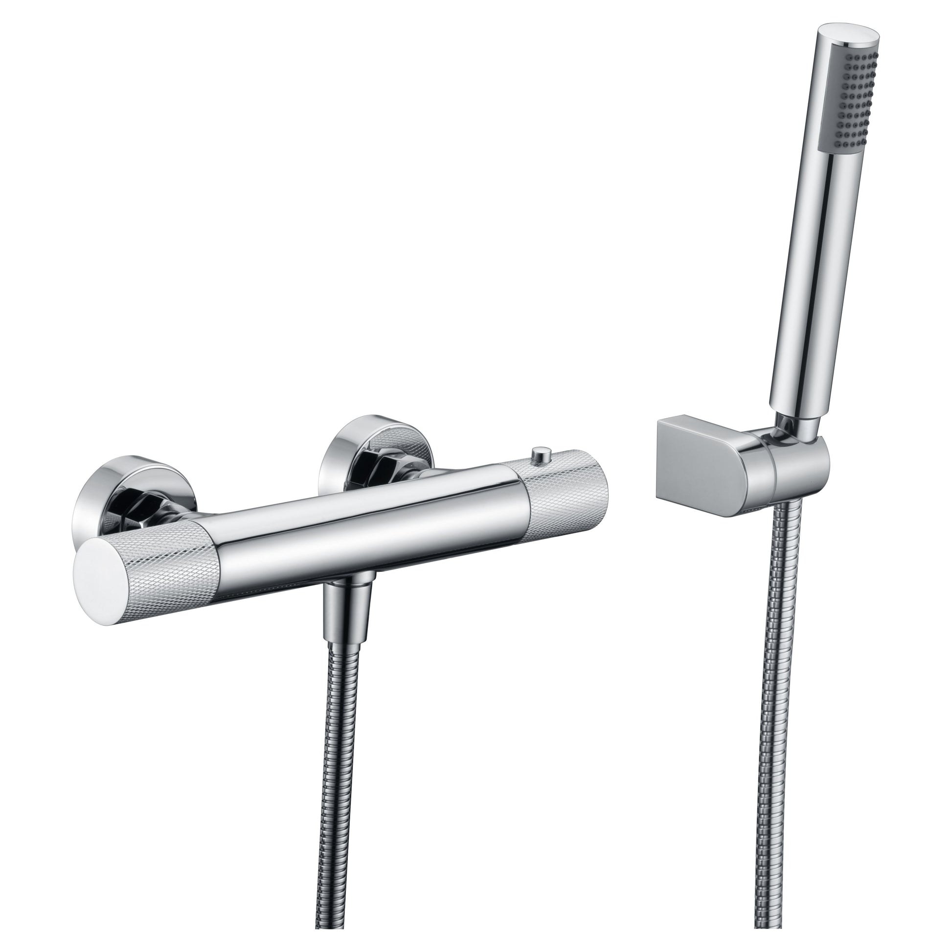 IMEX Miscelatore doccia termostatico cromato in ottone e zama, tubo flessibile metallo 180 cm, supporto doccetta ABS, doccetta rotonda, cartuccia termostatica TURN CLEAN SYSTEM - Modello Imex-BTD038-5