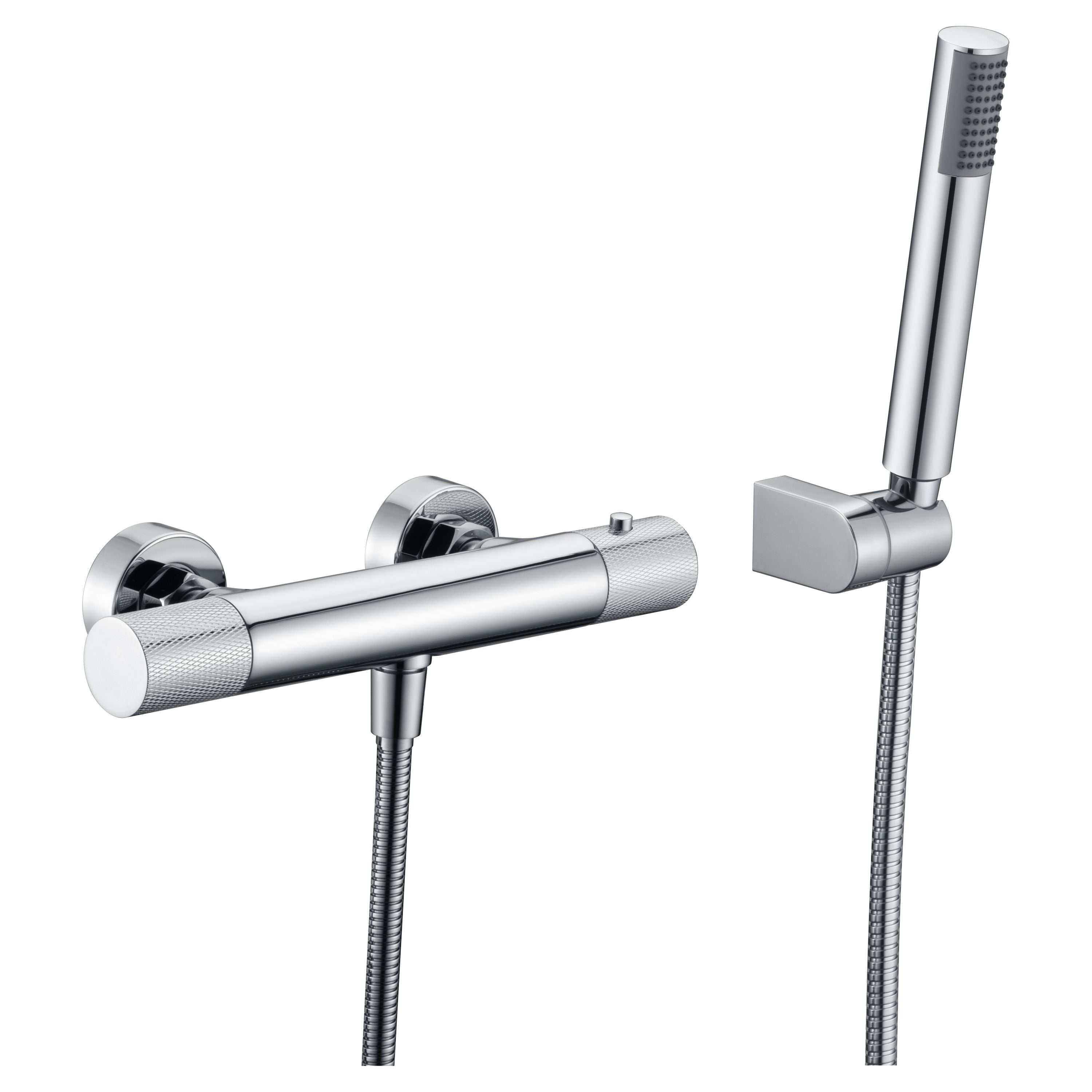 IMEX Miscelatore doccia termostatico cromato in ottone e zama, tubo flessibile metallo 180 cm, supporto doccetta ABS, doccetta rotonda, cartuccia termostatica TURN CLEAN SYSTEM - Modello Imex-BTD038-5