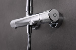 IMEX Set per vasca termostatica serie LINE cromata in acciaio e ottone con asta doccia estensibile, soffione Ø20 cm extrapiatto anticalcare, miscelatore termostatico con cartuccia TURN CLEAN SYSTEM Im