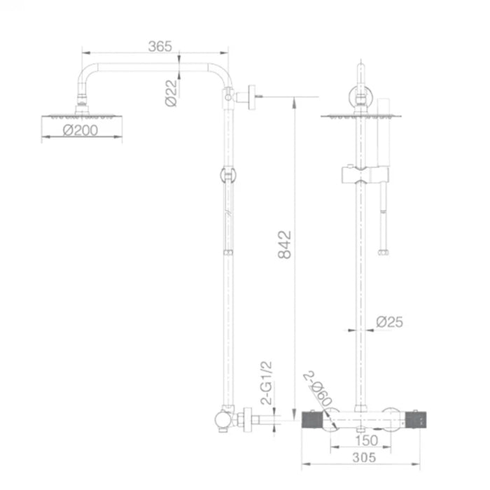 IMEX Colonna vasca-doccia termostatica Line in acciaio inox e ottone nero opaco con asta estensibile S.304 115-165 cm, doccetta anticalcare Ø20 cm, cartuccia TURN CLEAN SYSTEM, tubo flessibile e aerat