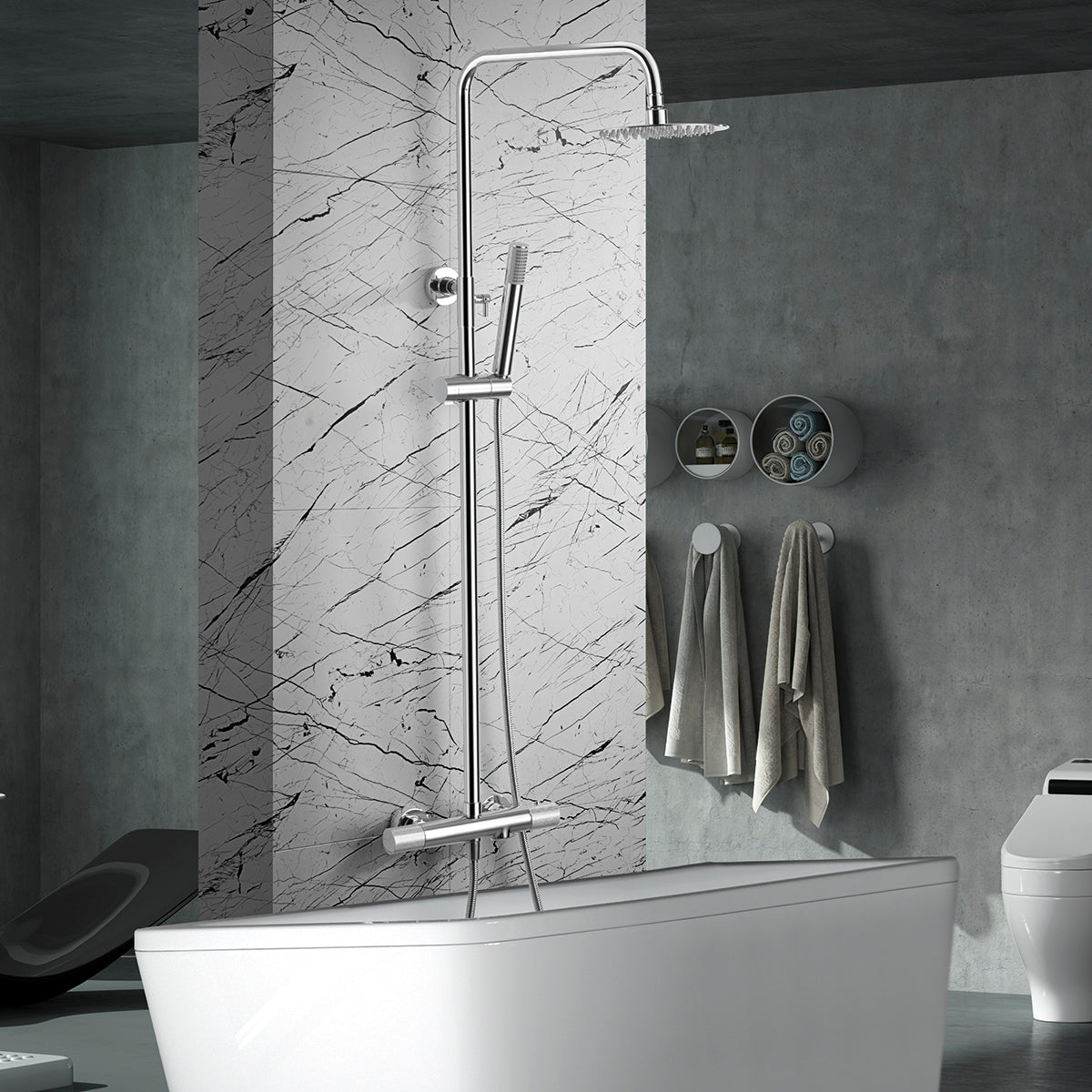 IMEX Set per vasca termostatica serie LINE cromata in acciaio e ottone con asta doccia estensibile, soffione Ø20 cm extrapiatto anticalcare, miscelatore termostatico con cartuccia TURN CLEAN SYSTEM Im