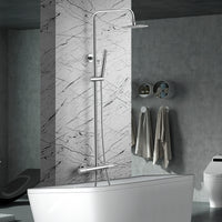 IMEX Set per vasca termostatica serie LINE cromata in acciaio e ottone con asta doccia estensibile, soffione Ø20 cm extrapiatto anticalcare, miscelatore termostatico con cartuccia TURN CLEAN SYSTEM Im