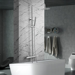 IMEX Set per vasca termostatica serie LINE cromata in acciaio e ottone con asta doccia estensibile, soffione Ø20 cm extrapiatto anticalcare, miscelatore termostatico con cartuccia TURN CLEAN SYSTEM Im