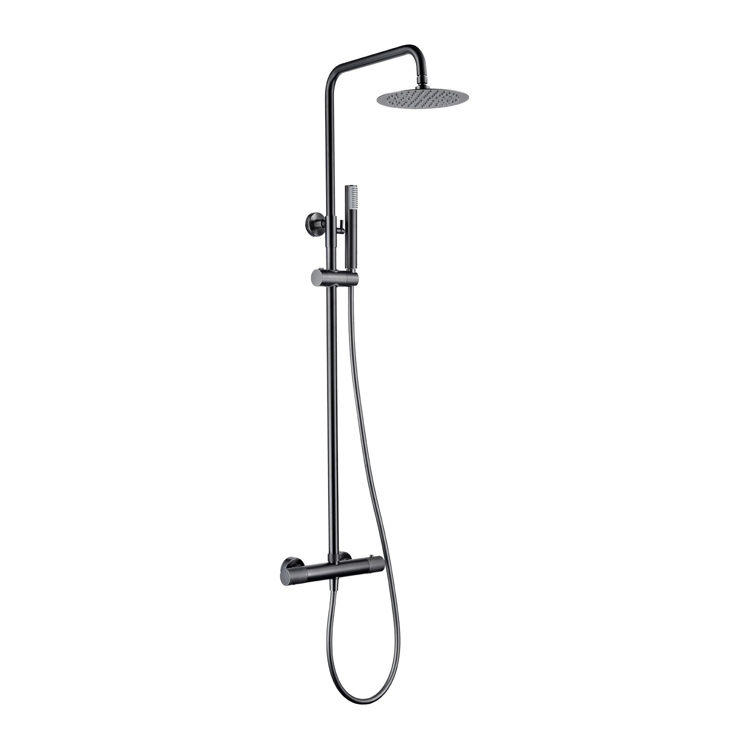 IMEX Set Colonna Doccia Termostatica Line Black Gun Metal in Acciaio e Ottone con Finitura PVD Soffione Extrapiatto Ø20 cm Anticalcare Asta Estensibile Maniglia Regolabile Cartuccia TURN CLEAN SYS