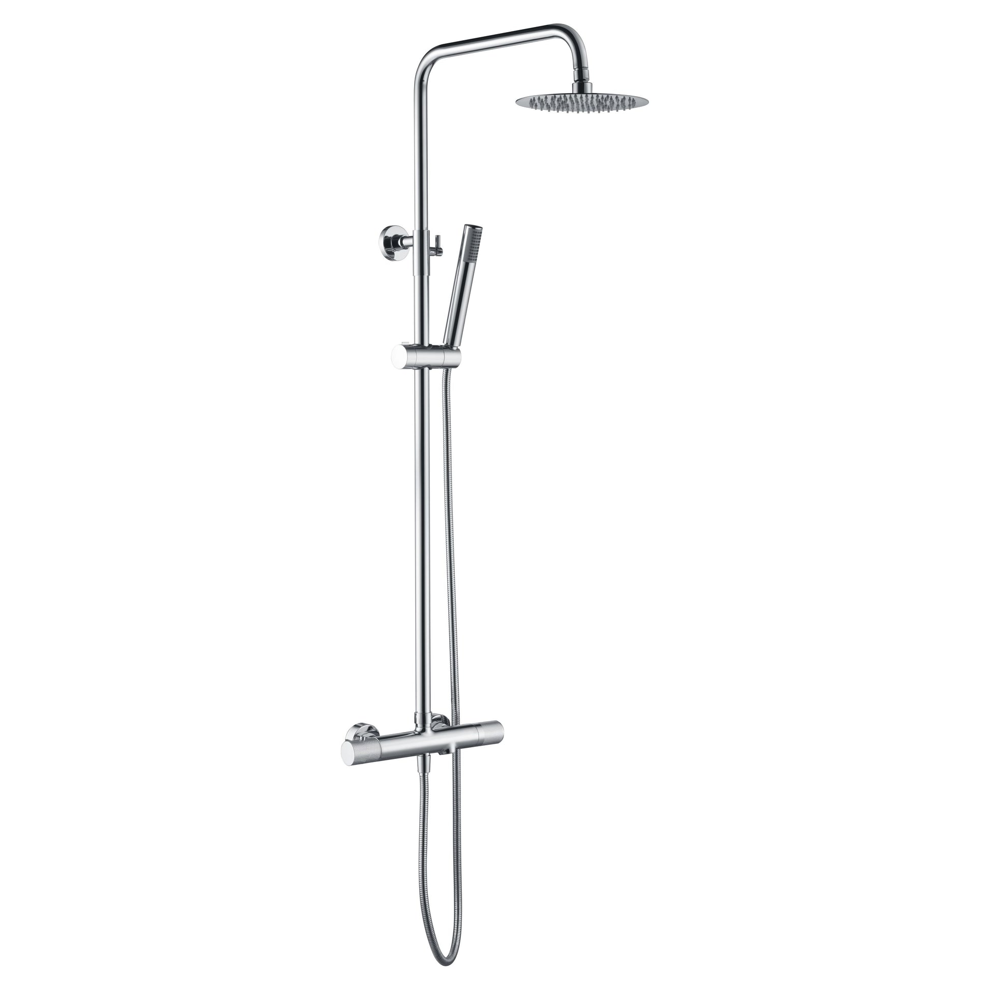 IMEX Set per vasca termostatica serie LINE cromata in acciaio e ottone con asta doccia estensibile, soffione Ø20 cm extrapiatto anticalcare, miscelatore termostatico con cartuccia TURN CLEAN SYSTEM Im