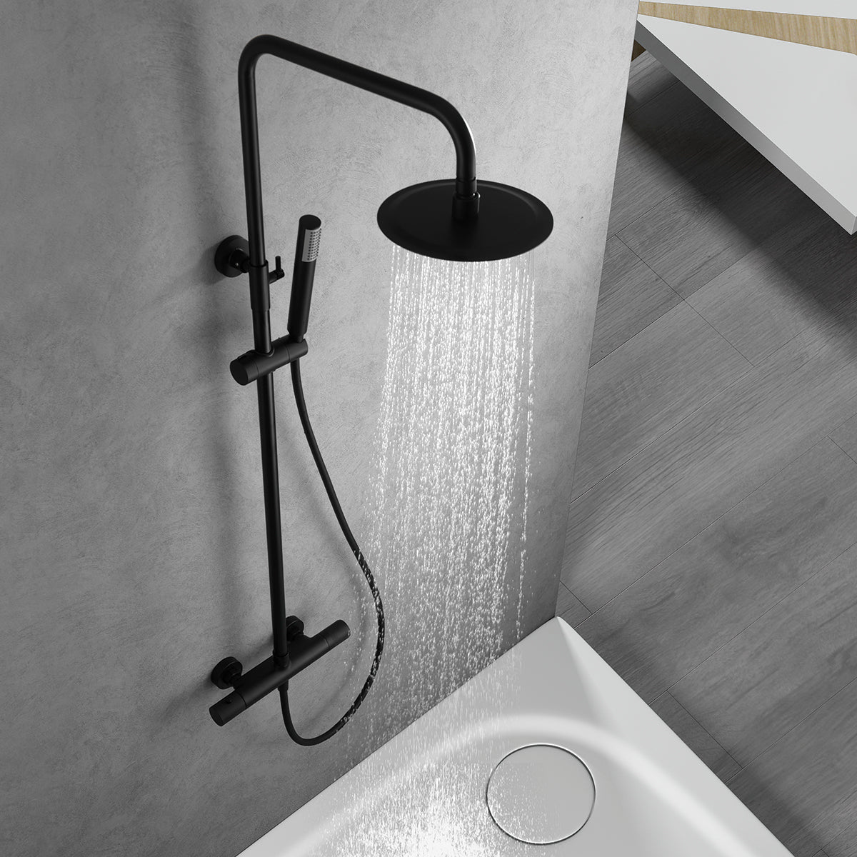 IMEX Set Colonna Doccia Termostatica Nero Opaco Acciaio Inox e Ottone Asta Estensibile 95-132 cm Soffione Ø20 cm Extra Piatto Anticalcare Cartuccia TURN CLEAN SYSTEM Modello Imex-BTD038-NG Line nerO