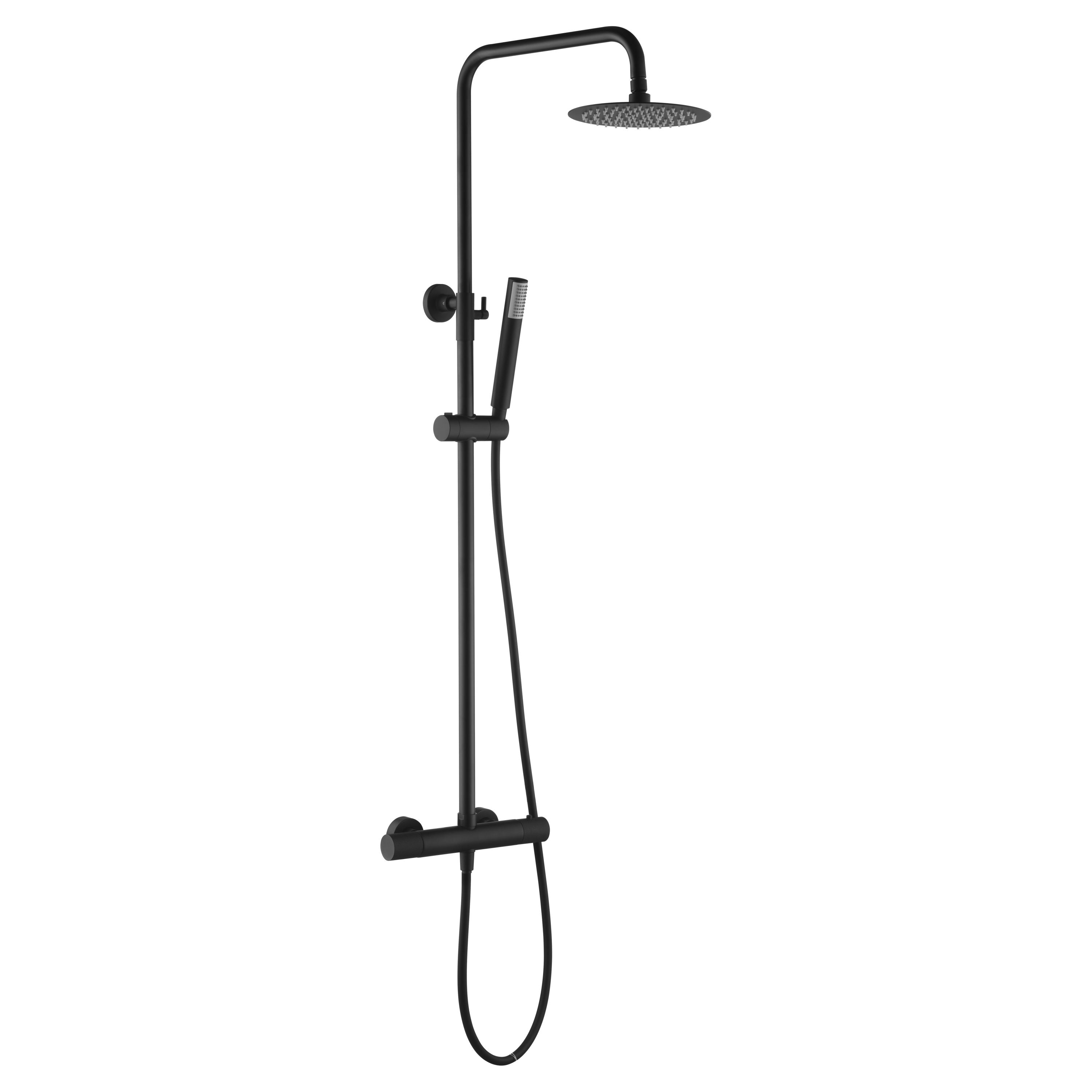 IMEX Set Colonna Doccia Termostatica Nero Opaco Acciaio Inox e Ottone Asta Estensibile 95-132 cm Soffione Ø20 cm Extra Piatto Anticalcare Cartuccia TURN CLEAN SYSTEM Modello Imex-BTD038-NG Line nerO