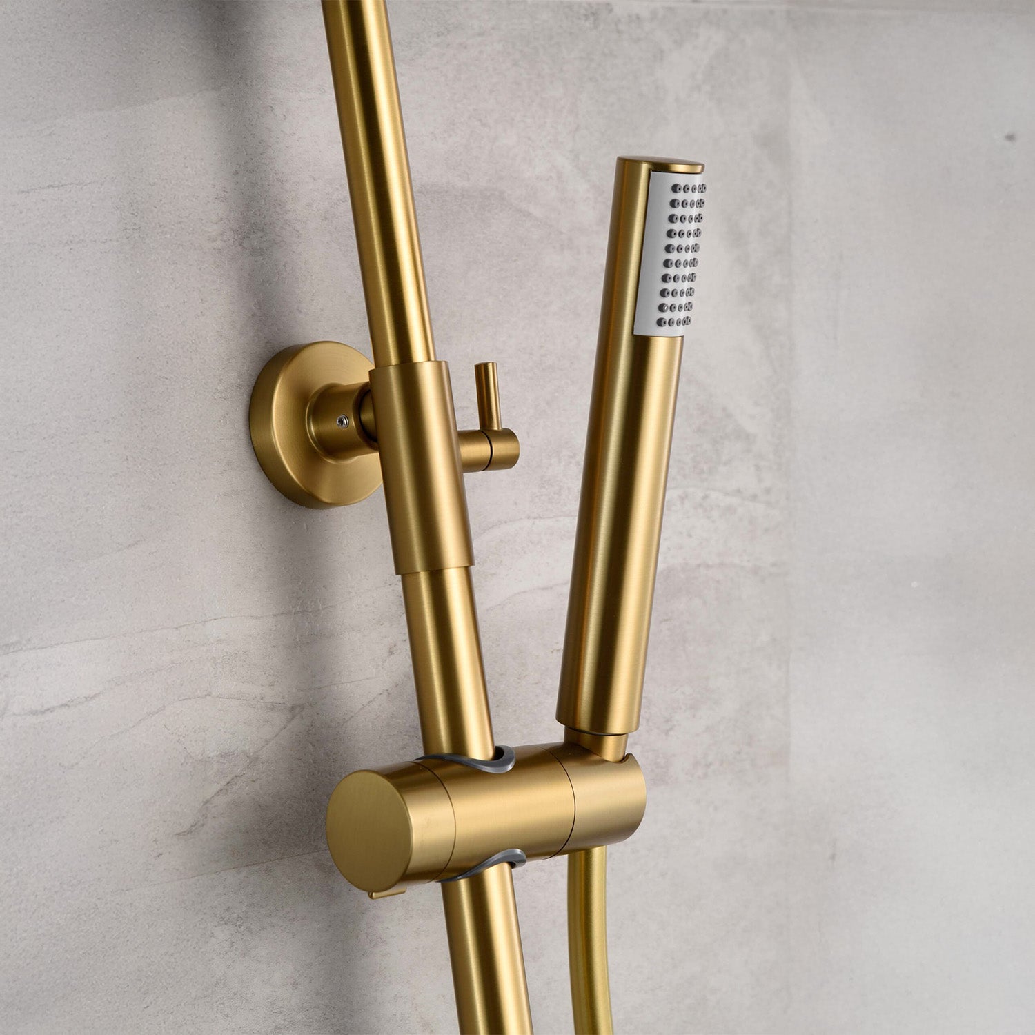 IMEX Colonna doccia termostatica Line oro spa, finitura PVD oro spazzolato, acciaio inox S.304, ottone nero opaco, asta estensibile, soffione extra piatto Ø20cm anticalcare, cartuccia TURN CLEAN SYSTE