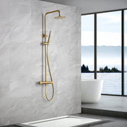 IMEX Colonna doccia termostatica Line oro spa, finitura PVD oro spazzolato, acciaio inox S.304, ottone nero opaco, asta estensibile, soffione extra piatto Ø20cm anticalcare, cartuccia TURN CLEAN SYSTE