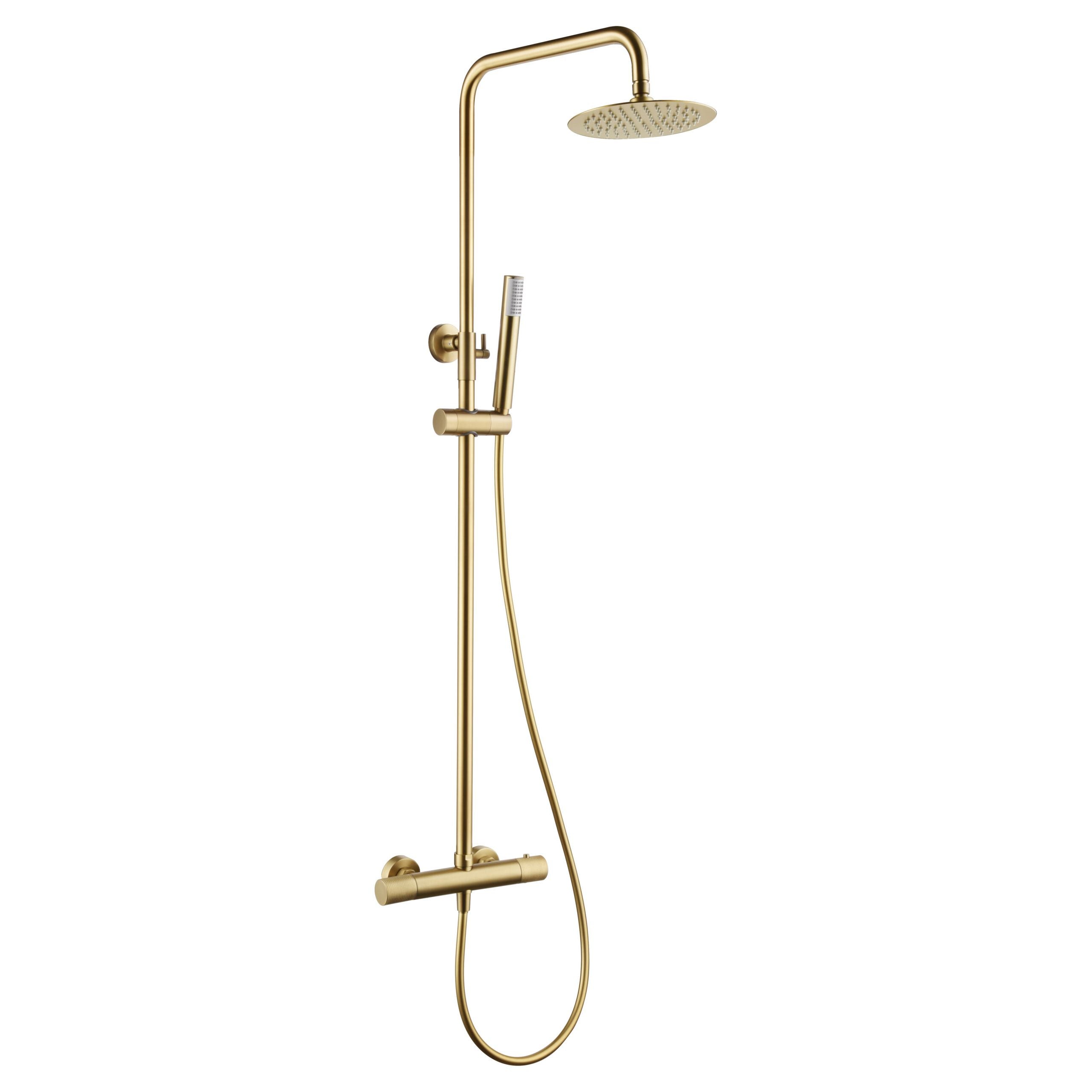 IMEX Colonna doccia termostatica Line oro spa, finitura PVD oro spazzolato, acciaio inox S.304, ottone nero opaco, asta estensibile, soffione extra piatto Ø20cm anticalcare, cartuccia TURN CLEAN SYSTE