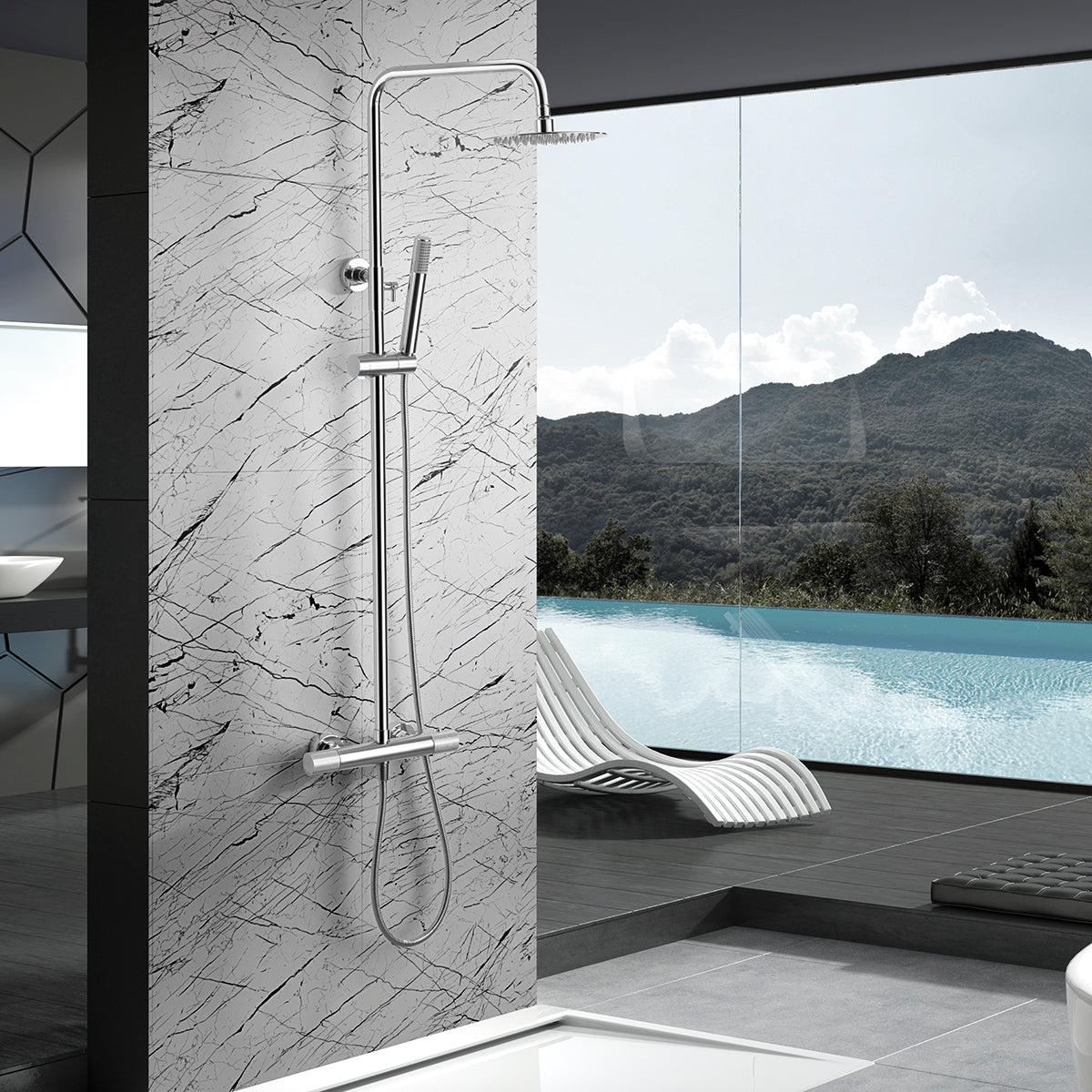 IMEX Set Colonna Doccia Termostatica Line in Acciaio e Ottone Cromato con Soffione Ø20 Anticalcare, Asta Estensibile, Miscelatore Ottone, Cartuccia Turn Clean System, Tubo e Maniglia Imex-BTD038