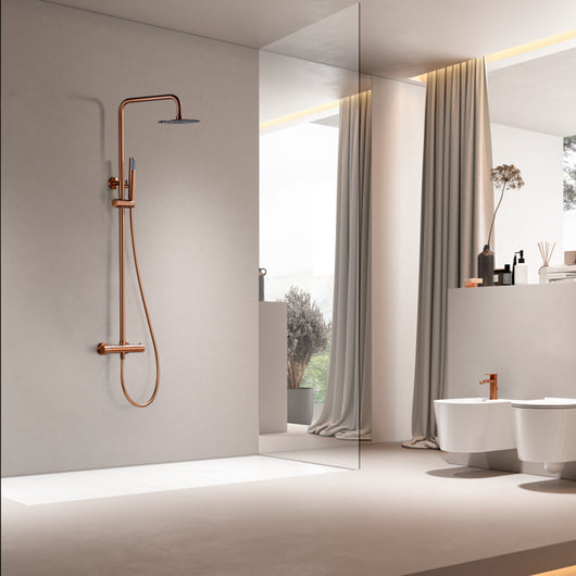 IMEX Set doccia termostatico Genova oro rosa spazzolato asta estensibile acciaio inox S304 soffione extrapiatto Ø20 cm anticalcare rubinetto ottone con cartuccia termostatica TURN CLEAN SYSTEM Ime