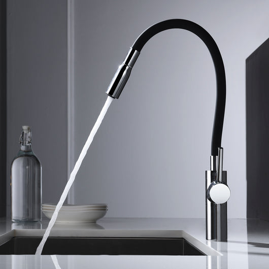 IMEX Miscelatore lavello cucina monocomando corpo ottone cromato tubo flessibile nero opaco cartuccia 35 mm apertura freddo tubi flessibili 50 cm diffusore due posizioni modello TOKYO Imex-GCE016