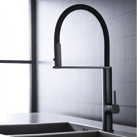 IMEX Rubinetto monocomando lavello nero opaco in ottone e acciaio con cartuccia 35 mm, tubo flessibile 50 cm e diffusore due funzioni, modello Imex-GCE019-NG Menorca