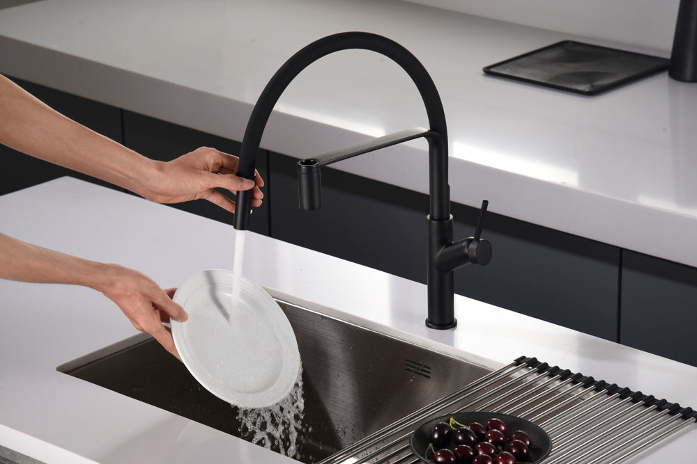IMEX Miscelatore lavello cucina monocomando corpo in ottone nero opaco bocca flessibile nera opaca cartuccia 30 mm tubi flessibili 50 cm acciaio-ottone codice Imex-GCE022-NG - SENA