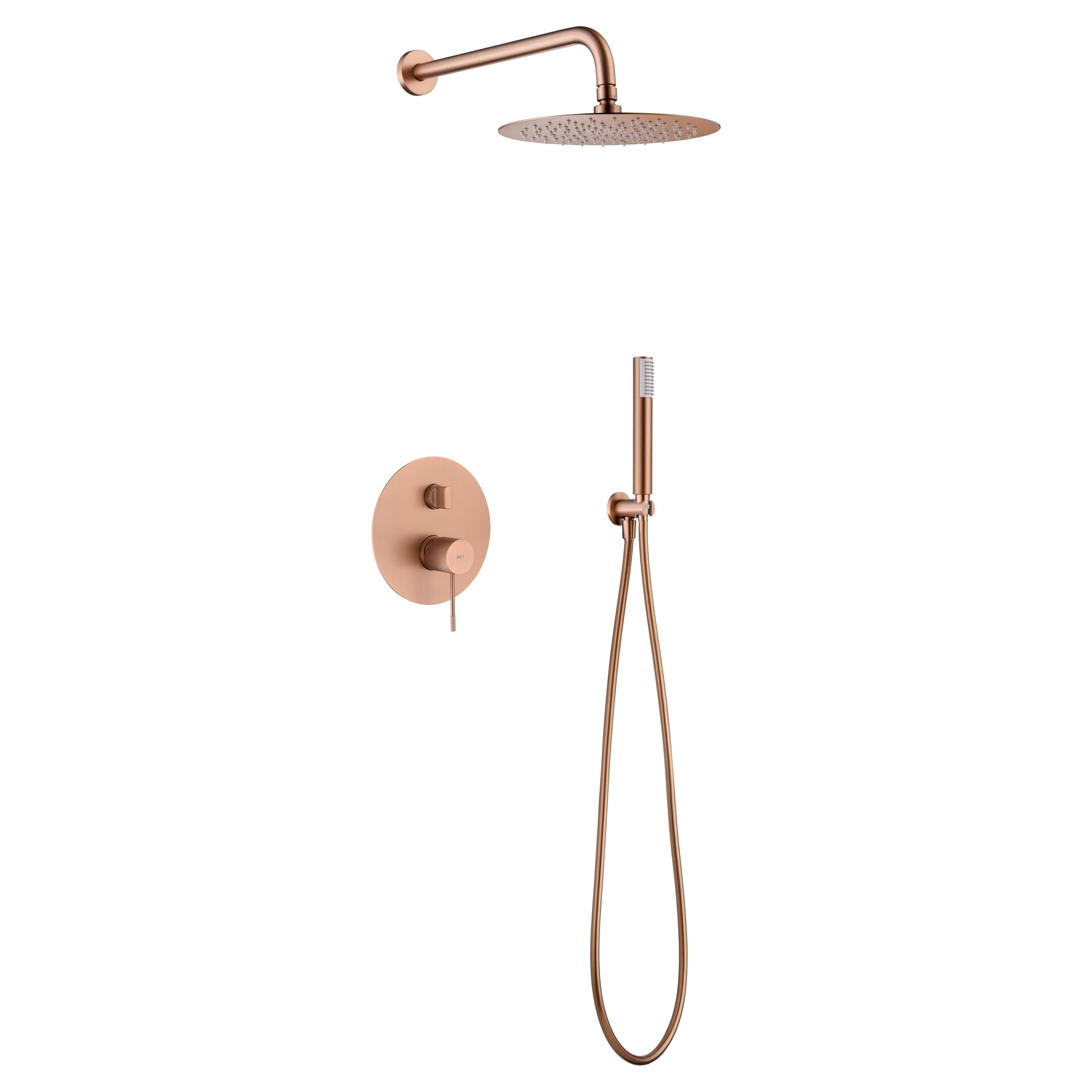 IMEX Kit doccia da incasso a parete LINE miscelatore monocomando 2 vie con cartuccia 35 mm soffione Ø 25 cm bocca dacqua e flessibile PVC acciaio-ottone finitura PVD oro rosa Imex-GPD038-ORC