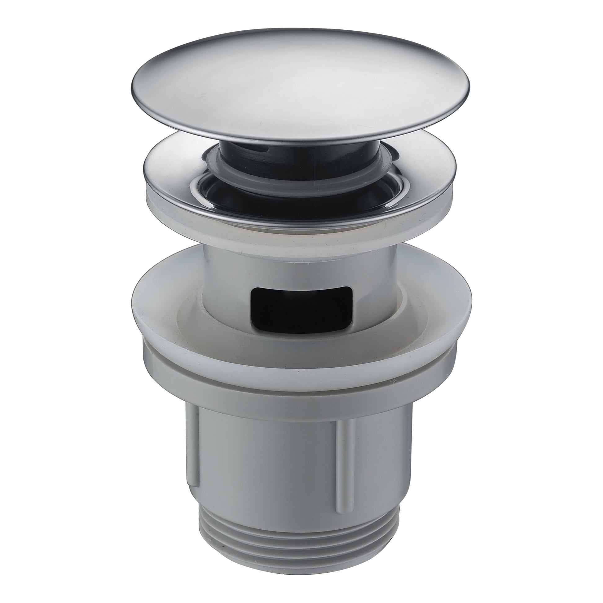 IMEX Valvola scarico click-clack cromata in PVC con copertura acciaio inox S304, filettatura 1¼, adatta a lavabi e bidet con o senza troppopieno, sistema apertura/chiusura per 20.000 cicli, montaggio