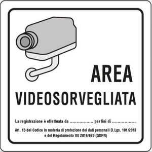 CARTELLO AREA VIDEOSORVEGLIATA VIDEOSORVEGLIANZA 20x20cm ALLUMINIO