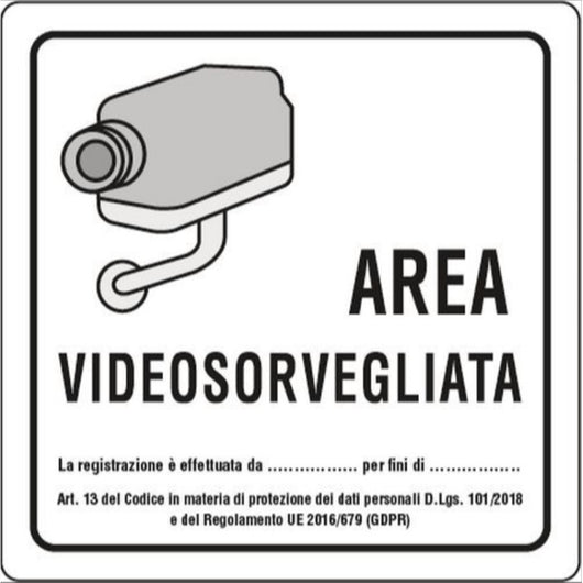 CARTELLO AREA VIDEOSORVEGLIATA VIDEOSORVEGLIANZA 20x20cm ALLUMINIO