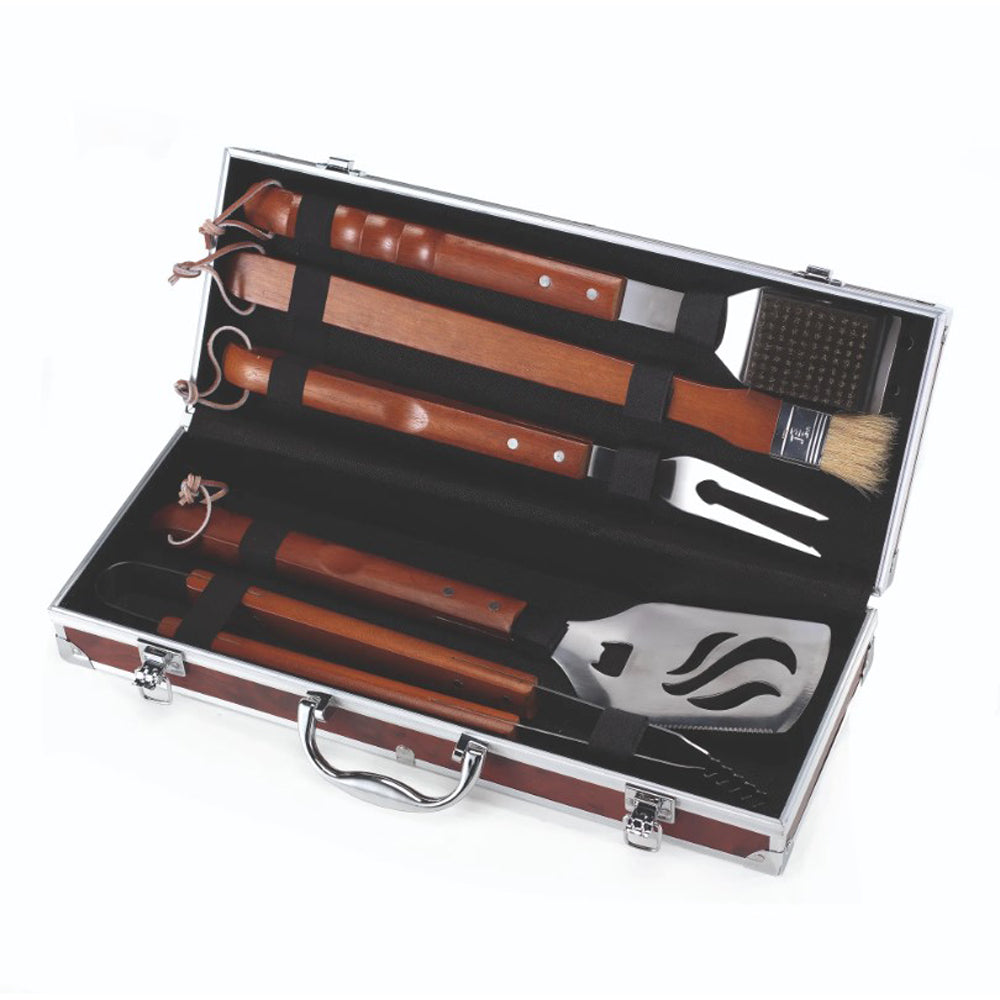 SET ATTREZZI UTENSILI PER BARBECUE 5PZ ACCIAIO INOX MANICO IN LEGNO OMPAGRILL 05430