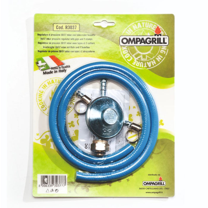 KIT REGOLATORE PRESSIONE BOMBOLA GAS 30/37mbar CON TUBO E 2 FASCETTE OMPAGRILL R3037