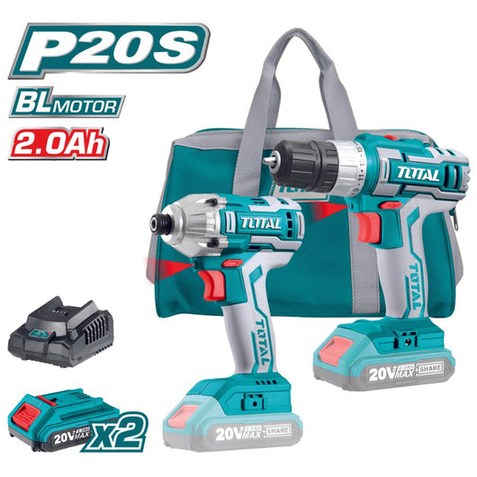 AVVITATORE+AVVITATORE A MASSA BATTENTE 1/4" 20V +2 BATTERIE 2Ah +ACCESSORI TOTAL TOTTCKLI2006