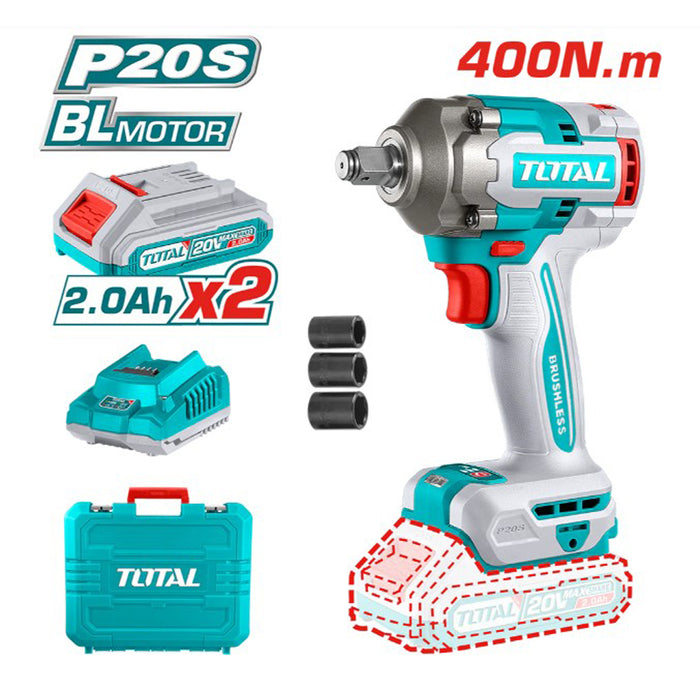 AVVITATORE A IMPULSI A BATTERIA 20V 1/2" 400Nm 2 BATTERIE RICARICABILI TOTAL