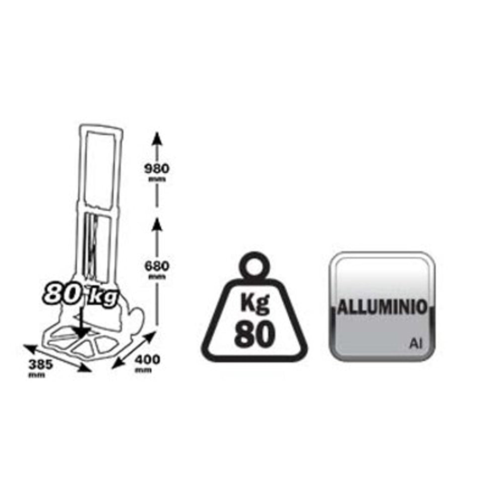 CARRELLO PORTAPACCHI SACCHI PALA PIEGHEVOLE PORTATA MAX 80Kg ALLUMINIO RIBIMEX