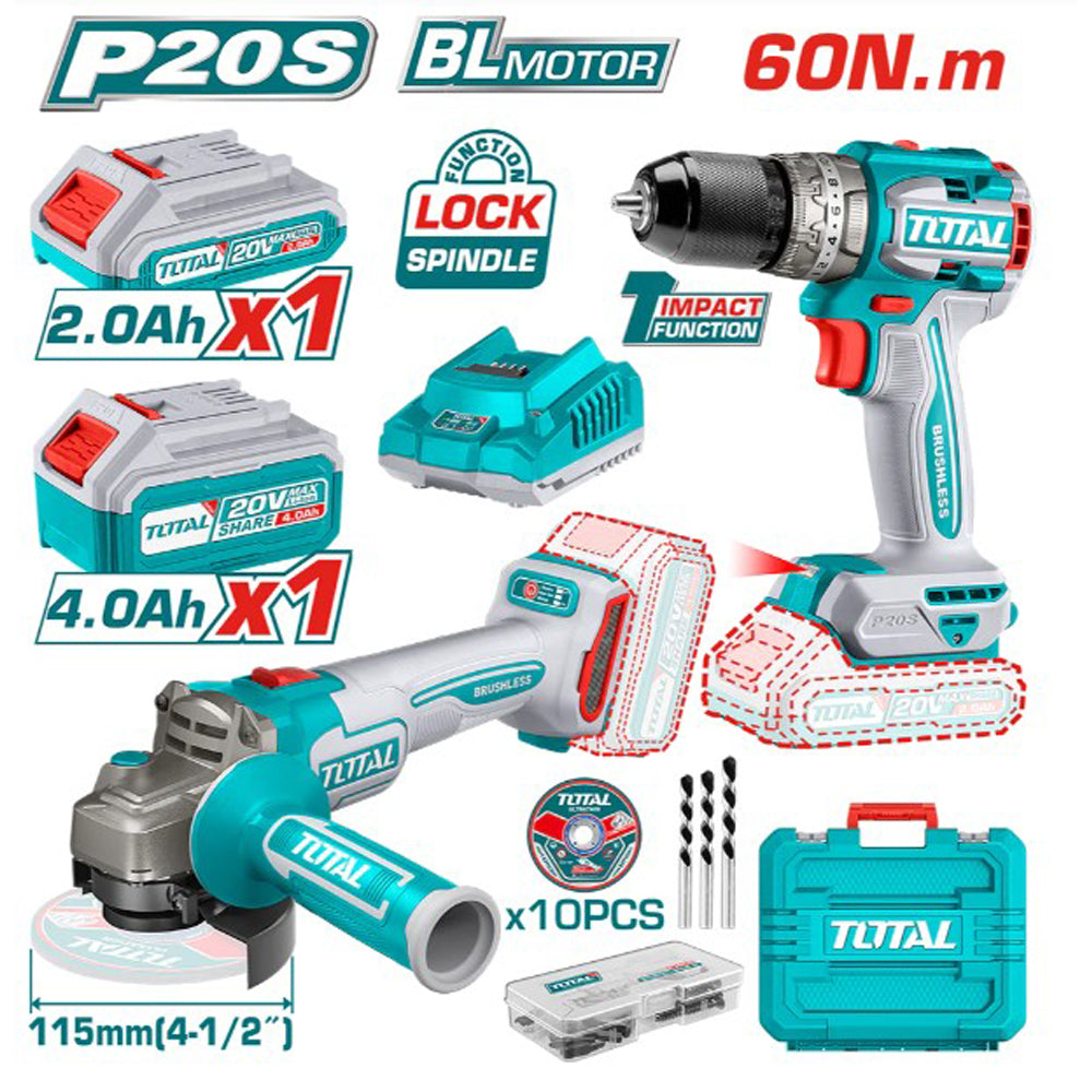 AVVITATORE A PERCUSSIONE 60Nm+SMERIGLIATRICE ANGOLARE 115mm 20V+2 BATTERIE TOTAL