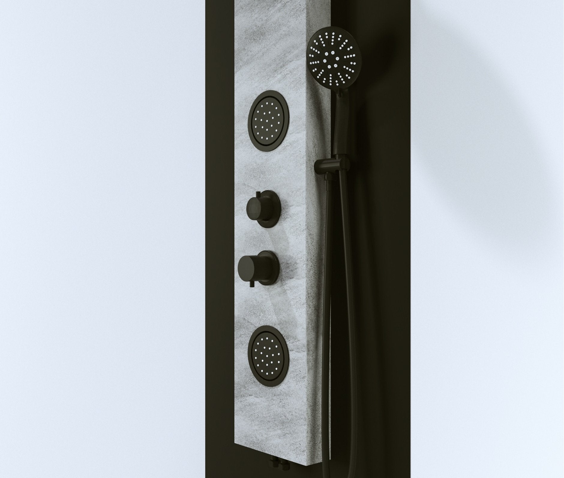 Pannello doccia effetto petra grigio rubinetteria nera idromassaggio frontale e pioggia con doccino e flessibile incluso