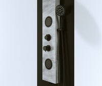 Pannello doccia effetto petra grigio rubinetteria nera idromassaggio frontale e pioggia con doccino e flessibile incluso