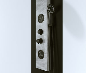 Pannello doccia effetto petra grigio rubinetteria nera idromassaggio frontale e pioggia con doccino e flessibile incluso