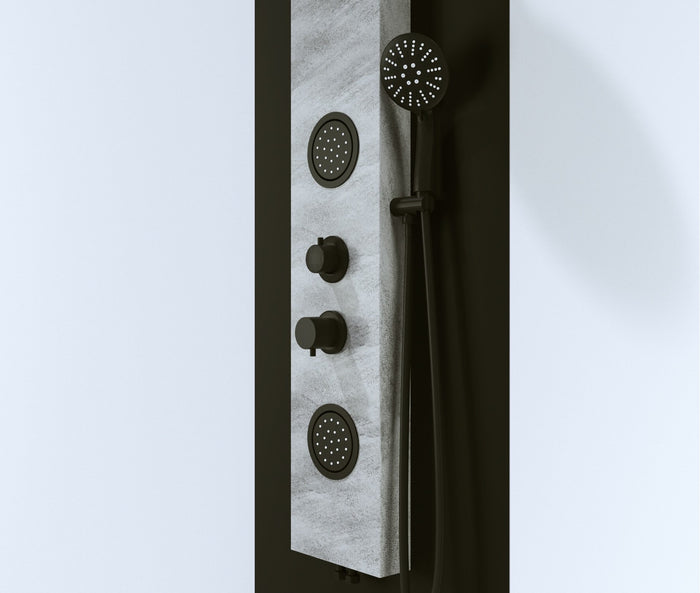 Pannello doccia effetto petra grigio rubinetteria nera idromassaggio frontale e pioggia con doccino e flessibile incluso