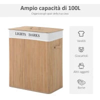 Cesta Portabiancheria in Bambù con Coperchio e Fodera Rimovibile, 52 x 32 x 63cm