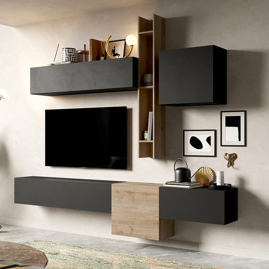 Parete Attrezzata Made in Italy Infinity 12 con mensola verticale/orizzontale, 3 elementi orizzontali, 2 cubi, design moderno ideale per soggiorno, sala da pranzo, cucina, colore Cadiz/Lava