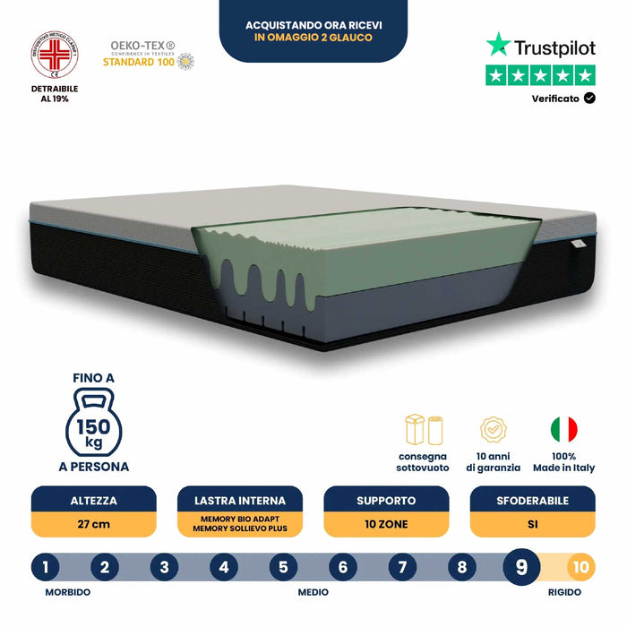 Materasso singolo Memory Foam 80x190; bio adap con effetto massaggio a due strati; ortopedico "VISIR"