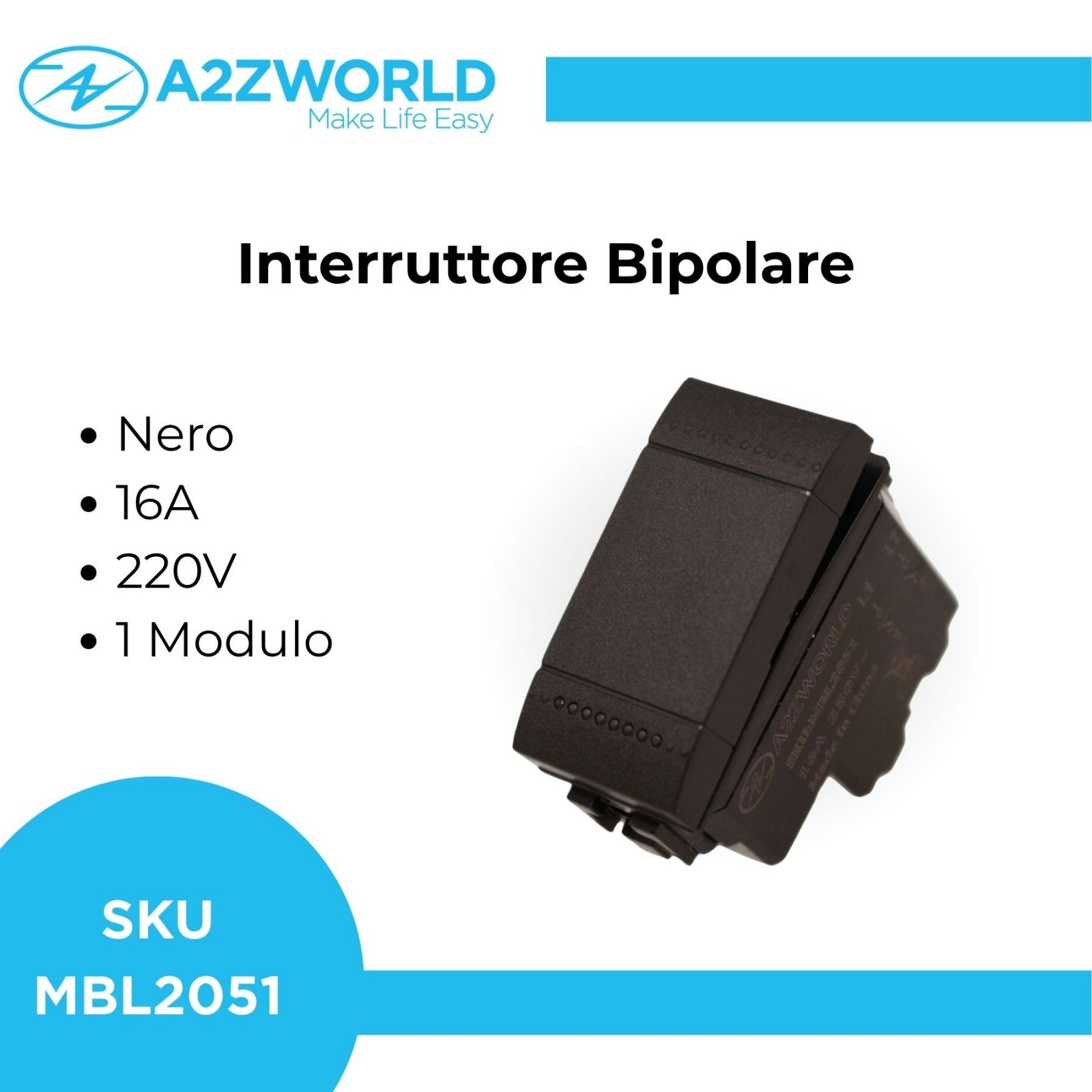 Interruttore Bipolare 2P 16A 220V MBL Nero 1M Compatibile Bticino Living International Illuminabile BLN0402