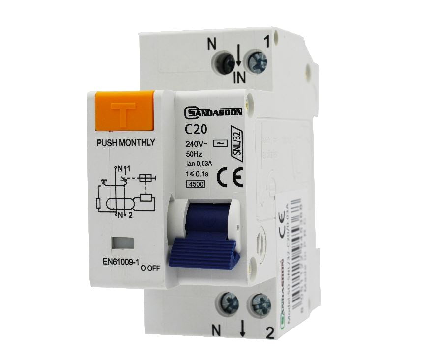 Interruttore Magnetotermico Differenziale Salvavita 1P+N-C20 0,03A 2 Moduli Din SD-SNL/32-C20