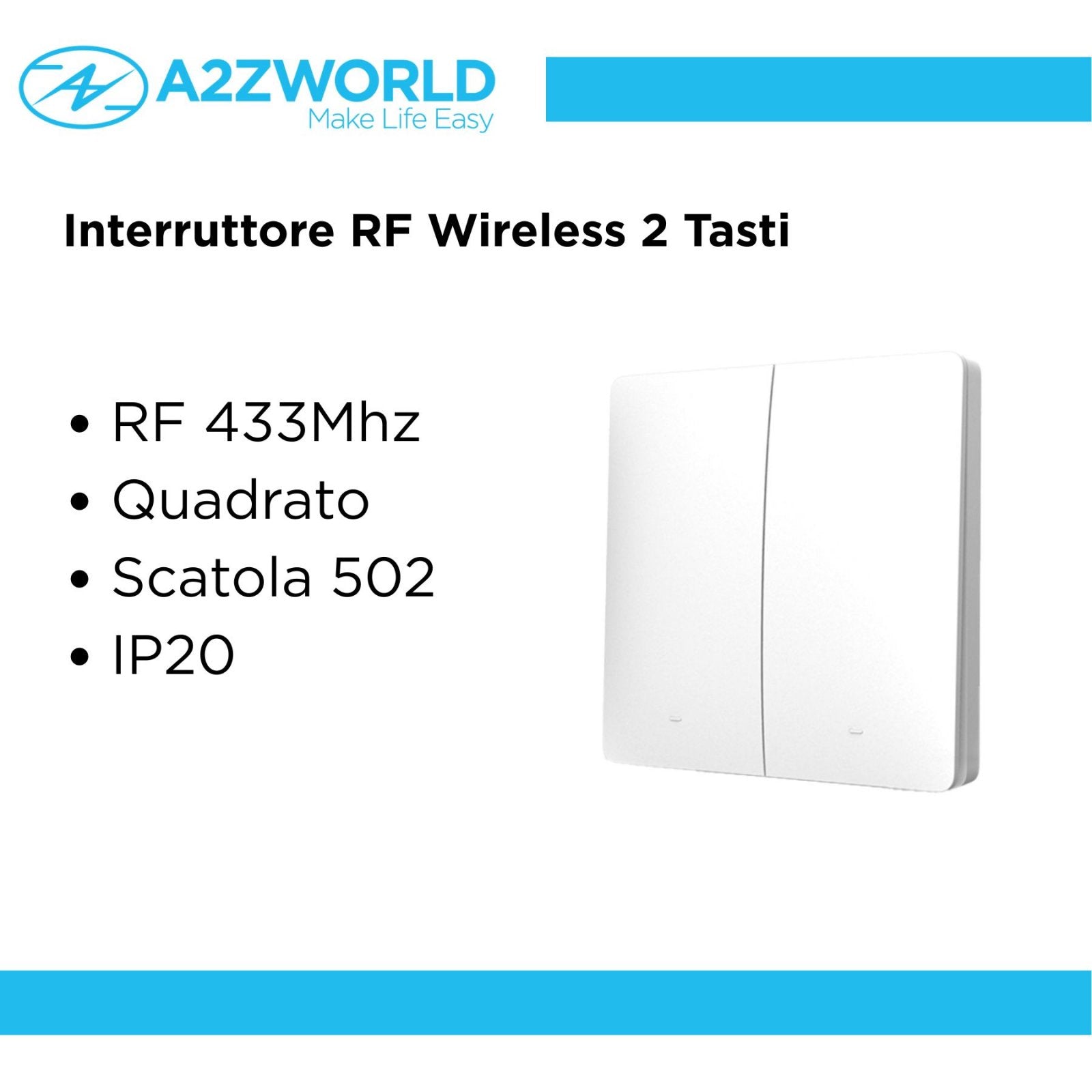 Interruttore RF Wireless Telecomando Senza Batteria 2 Tasti RF 433MHz Generatore Corrente Automatico 2 Tasti Quadrato Per Scatola 502 IP20 Bianco