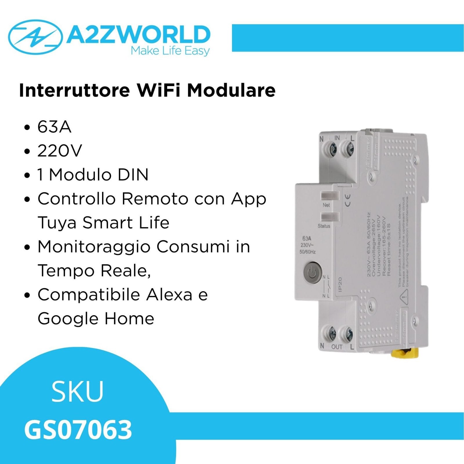 Interruttore WiFi Modulare 63A 220V, 1 Modulo DIN, Memoria, Controllo Remoto con App Tuya Smart Life, Monitoraggio Consumi in Tempo Reale, Compatibile Alexa e Google Home