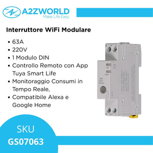 Interruttore WiFi Modulare 63A 220V, 1 Modulo DIN, Memoria, Controllo Remoto con App Tuya Smart Life, Monitoraggio Consumi in Tempo Reale, Compatibile Alexa e Google Home