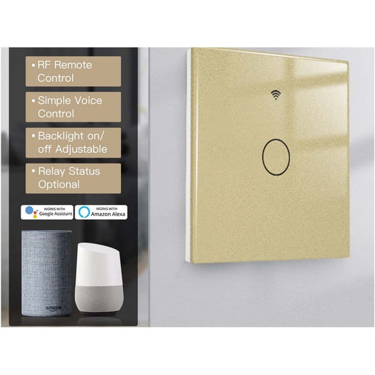 Interruttore Wifi Da Parete 86X86 Pannello Touch 1 Tasto Colore Oro WiFi + RF 433 Compatibile con Amazon Alexa e Google Home