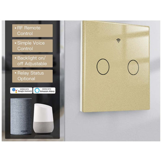 Interruttore Wifi Da Parete 86X86 Pannello Touch 2 Tasti Colore Oro WiFi + RF 433 Compatibile con Amazon Alexa e Google Home