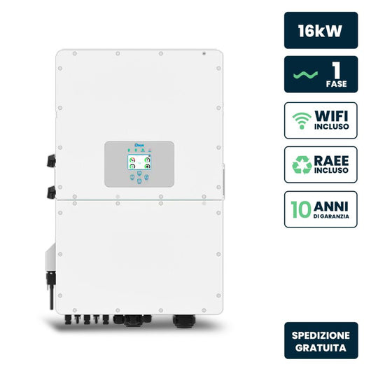 Inverter Fotovoltaico Monofase, Ibrido On-Grid/Off-Grid, Certificato CEI 0-21, Schermo LCD Touch a Colori, Smart Meter Integrato, WiFi e TA Inclusi, Garanzia 10 Anni, IP65 (16KW)