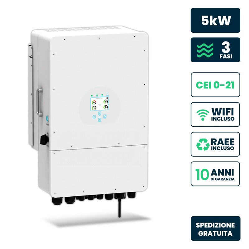Inverter Fotovoltaico Trifase, Ibrido On-Grid/Off-Grid, Certificato CEI 0-21, Schermo LCD Touch a Colori, Smart Meter Integrato, WiFi e TA Inclusi, Garanzia 10 Anni, IP65 (5KW)