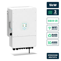 Inverter Fotovoltaico Trifase, Ibrido On-Grid/Off-Grid, Certificato CEI 0-21, Schermo LCD Touch a Colori, Smart Meter Integrato, WiFi e TA Inclusi, Garanzia 10 Anni, IP65 (5KW)