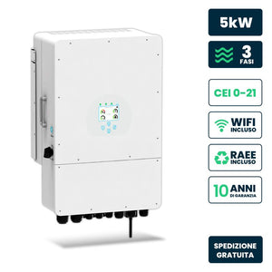 Inverter Fotovoltaico Trifase, Ibrido On-Grid/Off-Grid, Certificato CEI 0-21, Schermo LCD Touch a Colori, Smart Meter Integrato, WiFi e TA Inclusi, Garanzia 10 Anni, IP65 (5KW)