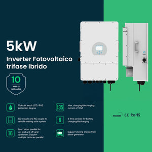 Inverter Fotovoltaico Trifase, Ibrido On-Grid/Off-Grid, Certificato CEI 0-21, Schermo LCD Touch a Colori, Smart Meter Integrato, WiFi e TA Inclusi, Garanzia 10 Anni, IP65 (5KW)